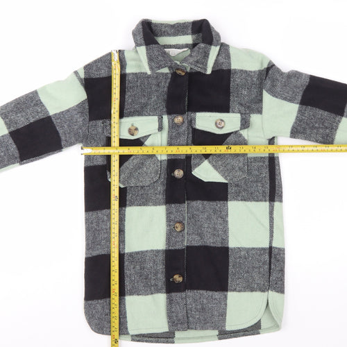 H&M Girls Green Checked Button-Up Long Sleeve Fleece Shirt 9-10 Years