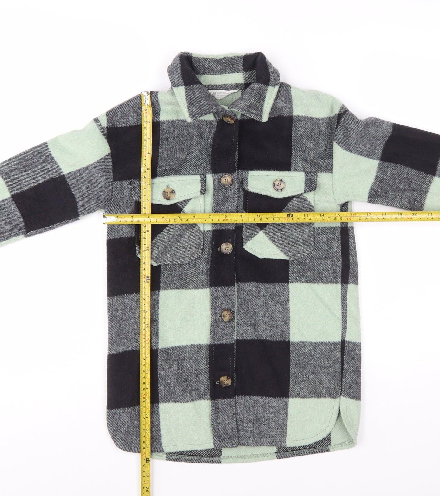 H&M Girls Green Checked Button-Up Long Sleeve Fleece Shirt 9-10 Years