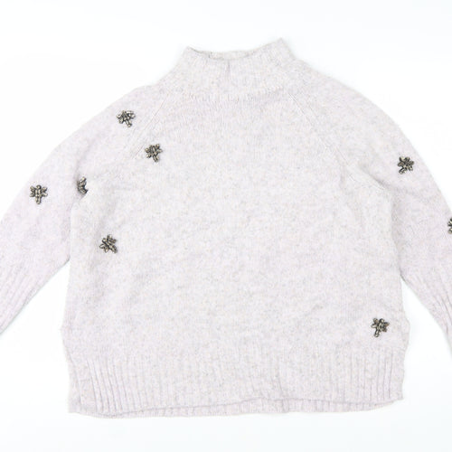 Mint Velvet Women Ivory Beaded Mock Neck Chunky Knit Jumper L
