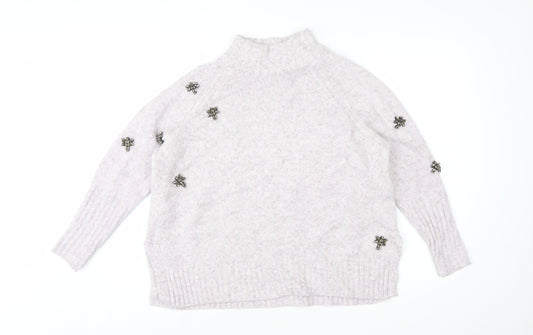 Mint Velvet Women Ivory Beaded Mock Neck Chunky Knit Jumper L