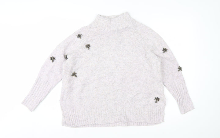 Mint Velvet Women Ivory Beaded Mock Neck Chunky Knit Jumper L