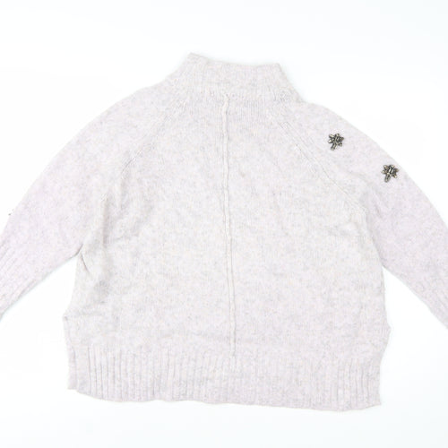 Mint Velvet Women Ivory Beaded Mock Neck Chunky Knit Jumper L