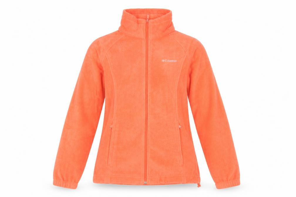 Front view of Columbia women’s orange fleece full zip jacket, size M