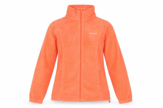 Front view of Columbia women’s orange fleece full zip jacket, size M