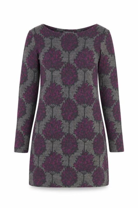 Front view of Lily & Me Women’s Grey Tree Print Shift Dress, size UK 8, Long Sleeve