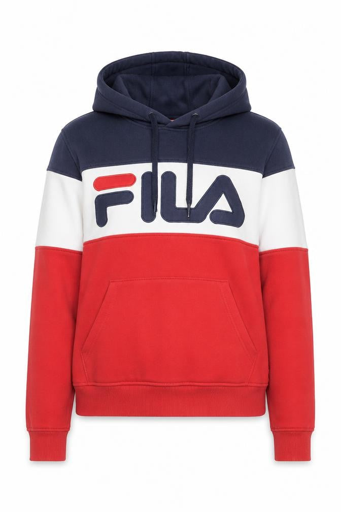 Front view of Fila Women Navy Red White Pullover Hoodie, size S, Colourblock