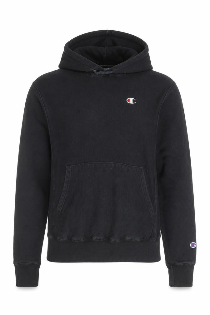 Front view of Champion Men's Black Small Pullover Hoodie Fleece Sweatshirt