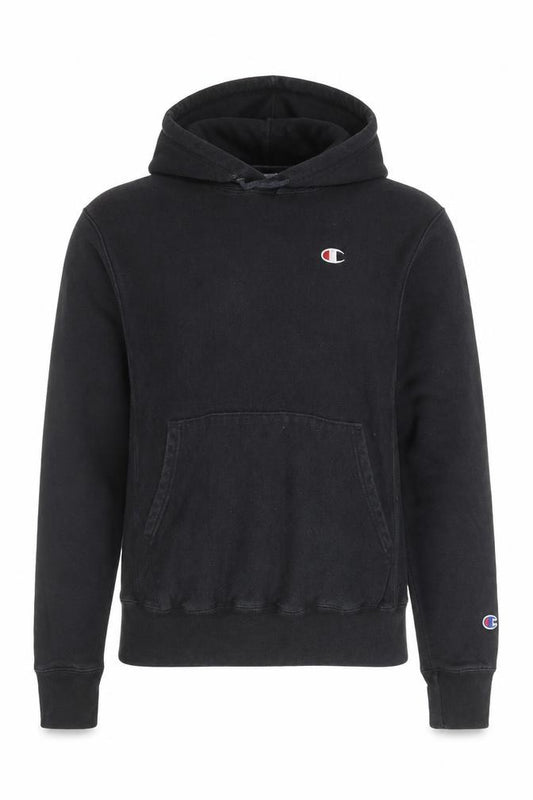 Front view of Champion Men's Black Small Pullover Hoodie Fleece Sweatshirt
