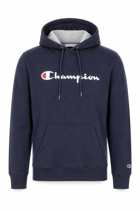 Front view of Champion Men’s Blue Pullover Hoodie Medium Logo Fleece Sweatshirt