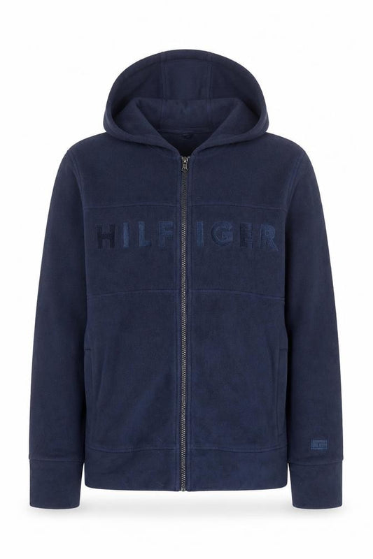 Front view of Tommy Hilfiger Men's Blue Full Zip Fleece Hoodie, size M