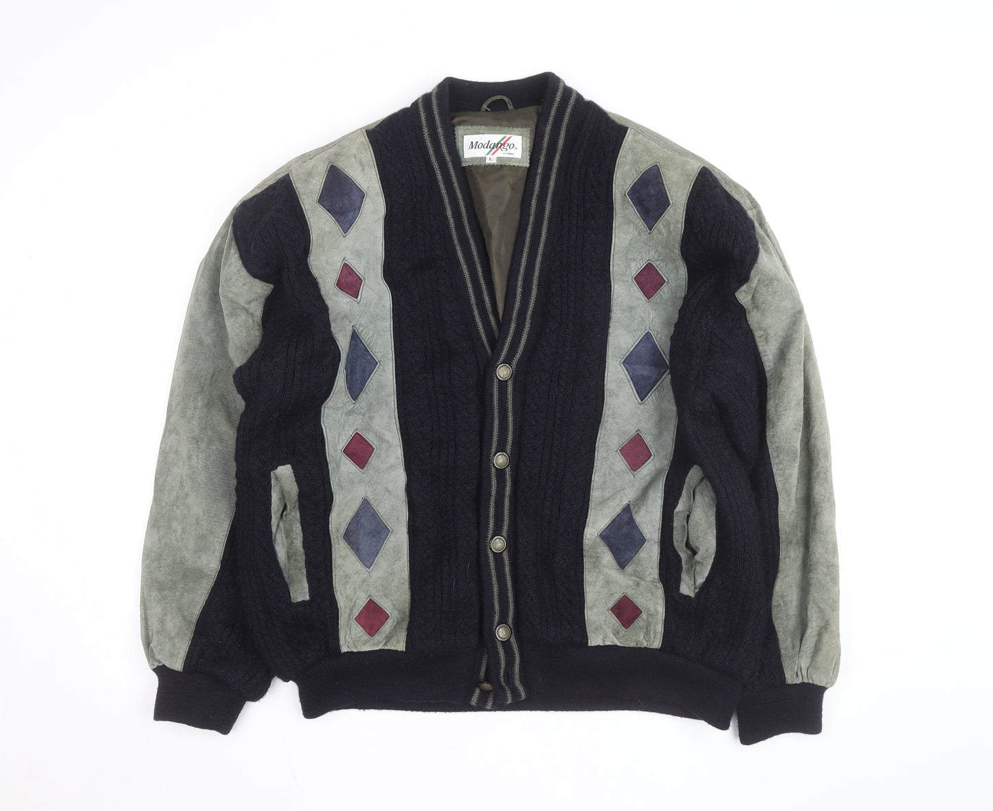 Modango Men’s Multicoloured Argyle Bomber Jacket L Wool Leather Mix