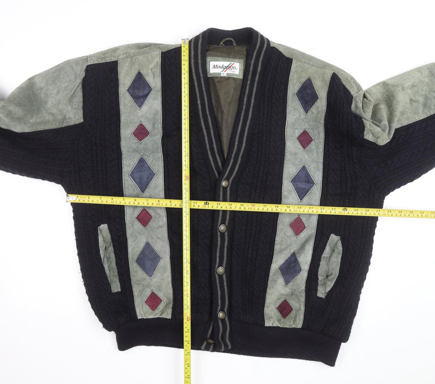 Modango Men’s Multicoloured Argyle Bomber Jacket L Wool Leather Mix