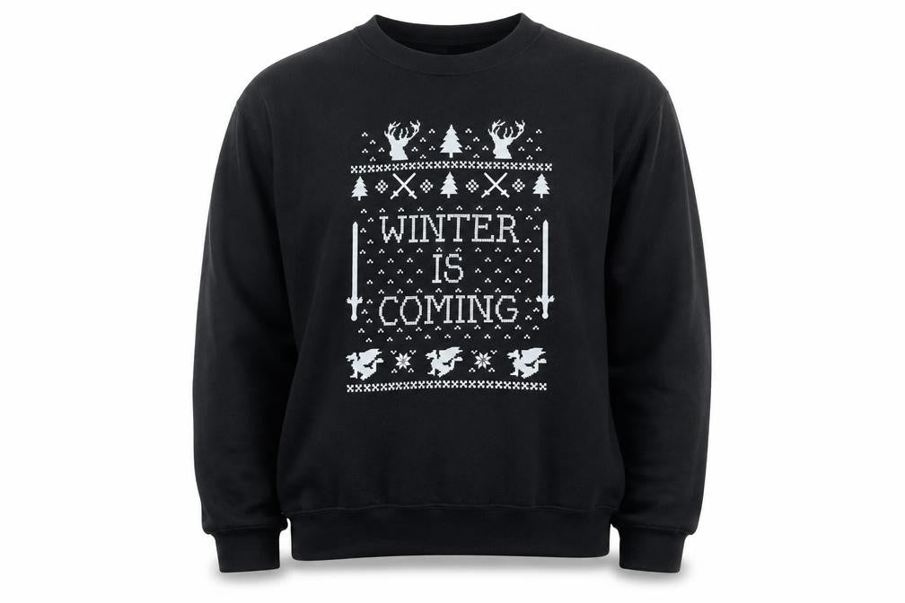 Front view of Gildan men’s black medium pullover sweatshirt winter is coming graphic