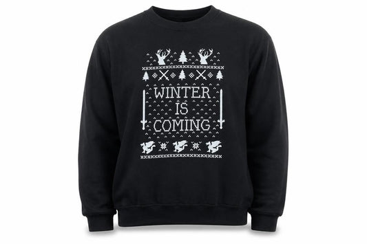 Front view of Gildan men’s black medium pullover sweatshirt winter is coming graphic