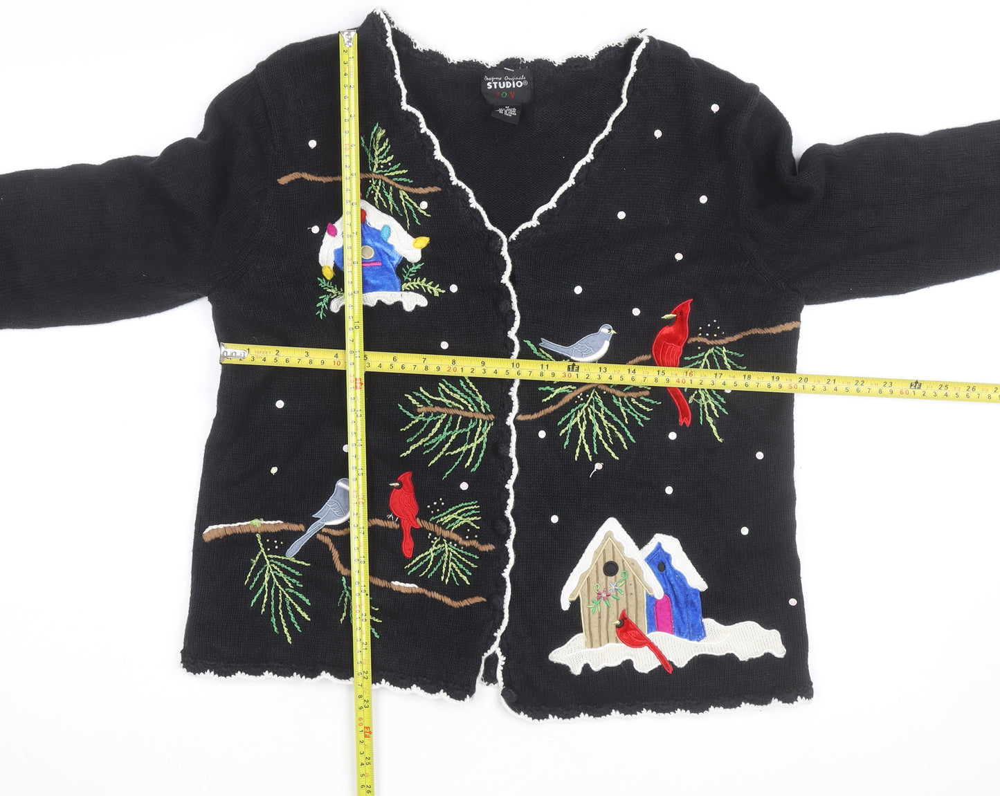 Designers Originals Studio Black Christmas Embroidered Cardigan Women's M