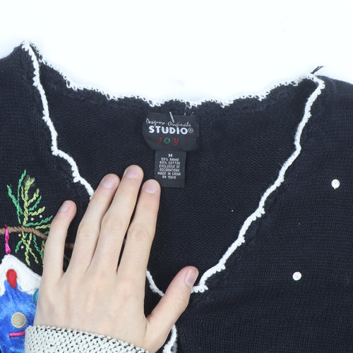 Designers Originals Studio Black Christmas Embroidered Cardigan Women's M