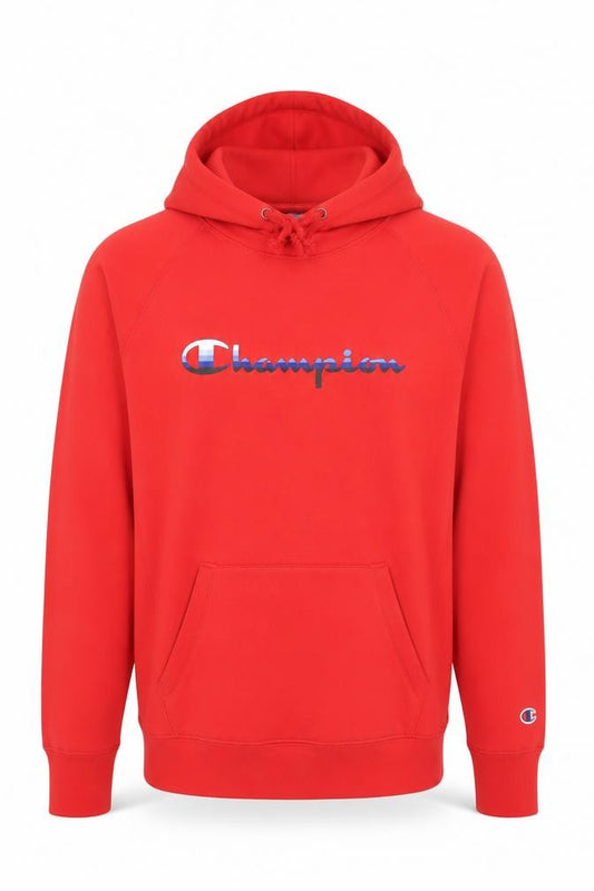Front view of Champion men’s red xl pullover hoodie with logo front