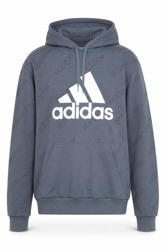 Front view of Adidas Men's Blue Pullover Hoodie, size M, Graphic Logo Sportswear