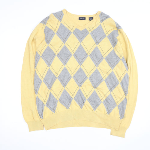 IZOD Men's Yellow Argyle Cotton V-Neck Jumper Size L