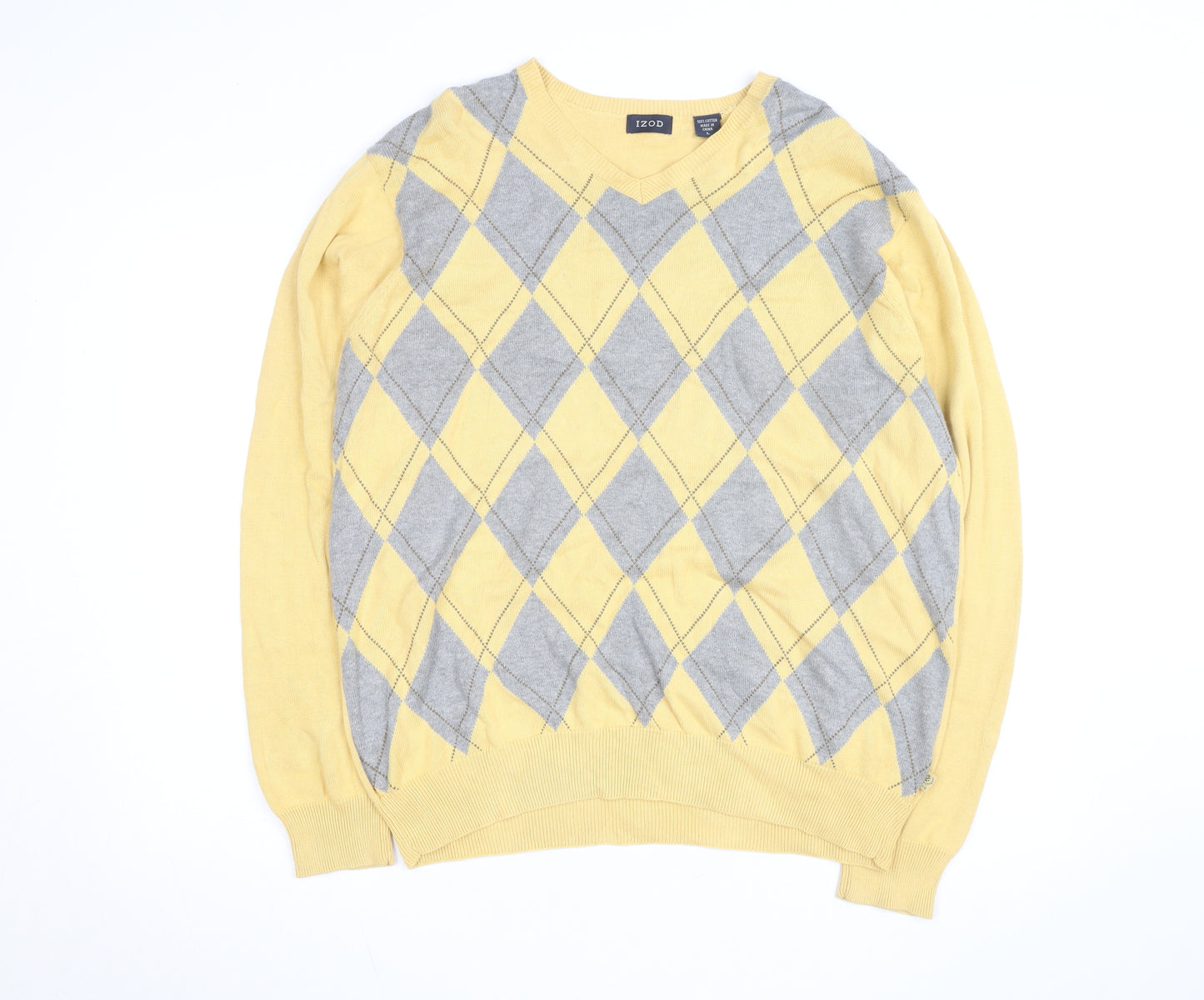 IZOD Men's Yellow Argyle Cotton V-Neck Jumper Size L