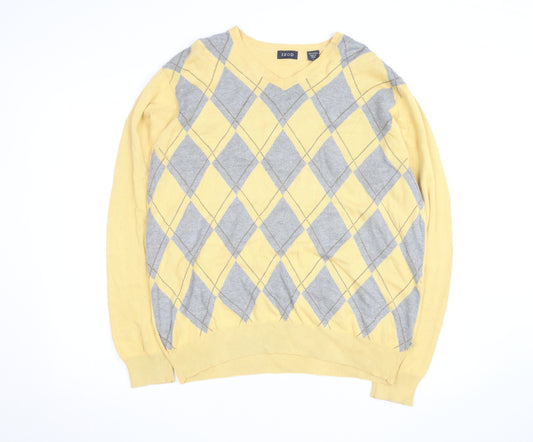 IZOD Men's Yellow Argyle Cotton V-Neck Jumper Size L
