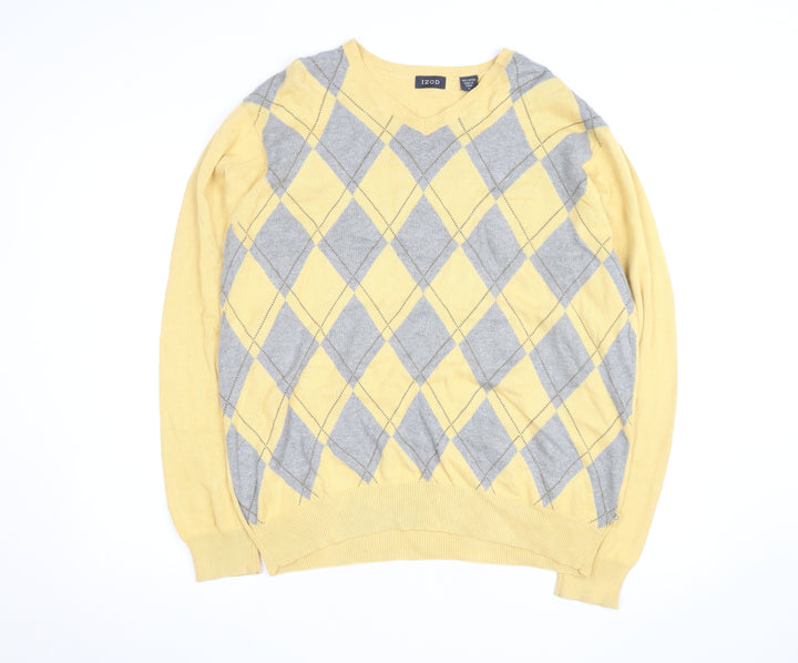 IZOD Men's Yellow Argyle Cotton V-Neck Jumper Size L