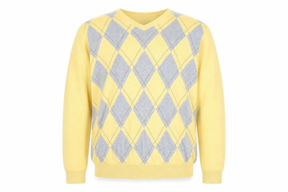 Front view of IZOD Men's Yellow Argyle Cotton V-Neck Jumper, size L