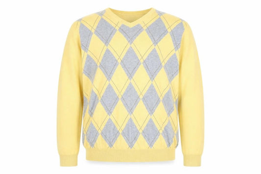 Front view of IZOD Men's Yellow Argyle Cotton V-Neck Jumper, size L