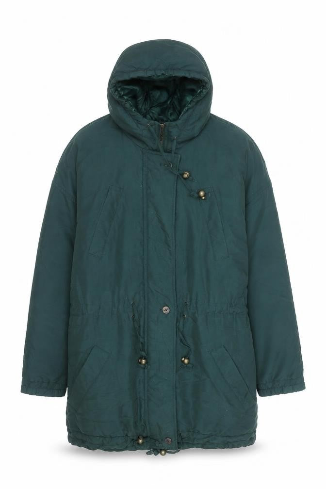 Front view of Suzanne Grae unisex green hooded parka coat, size L, polyester cotton