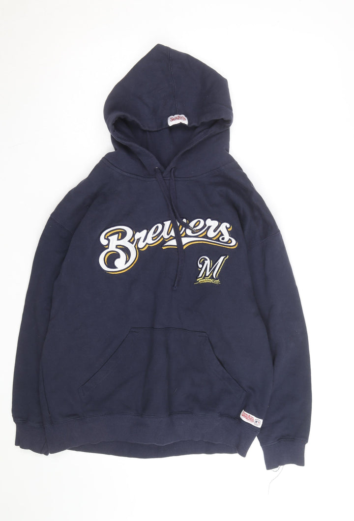 Stitches Mens Blue Pullover Hoodie Medium Embroidered Brewers Logo