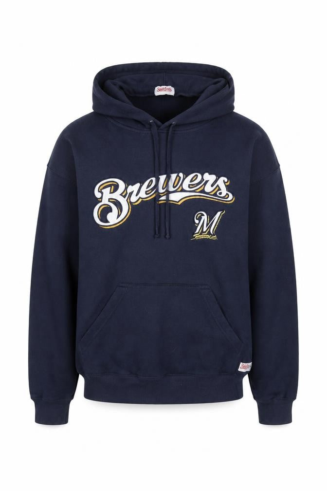 Front view of Stitches men’s blue pullover hoodie medium embroidered brewers logo