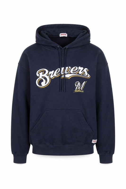 Front view of Stitches men’s blue pullover hoodie medium embroidered brewers logo