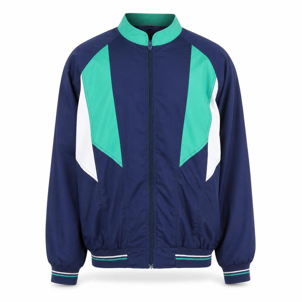 Front view of Gabicci Men's Blue Green 80s Retro Bomber Jacket L Full Zip