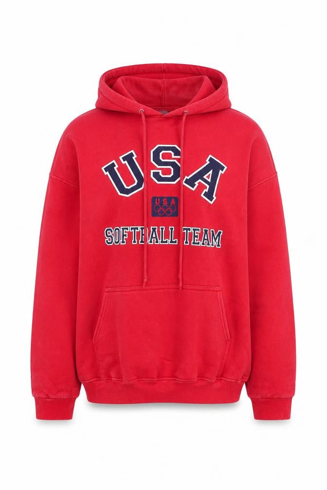 Front view of AAA USA Softball Team Red Pullover Hoodie Men XL Graphic Print