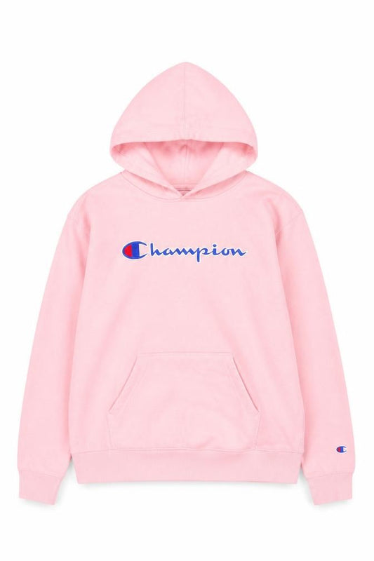 Front view of Champion women’s pink pullover hoodie, size L, cotton blend