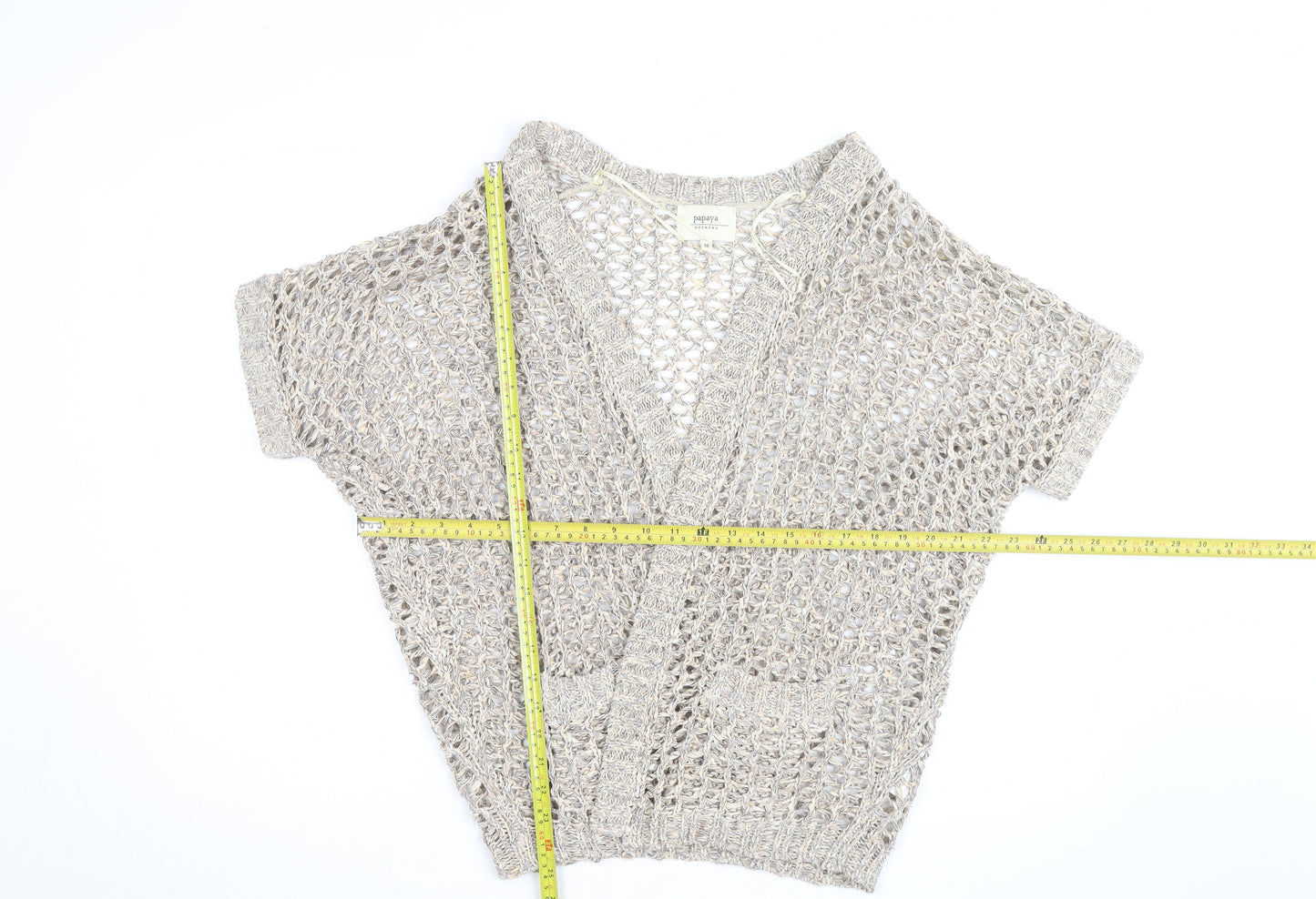 Papaya Women’s Beige Open Knit Short Sleeve Cardigan Medium