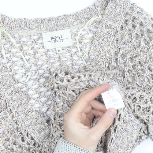 Papaya Women’s Beige Open Knit Short Sleeve Cardigan Medium