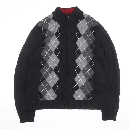 Van Heusen Men's Black Argyle Full Zip Cotton Jumper L