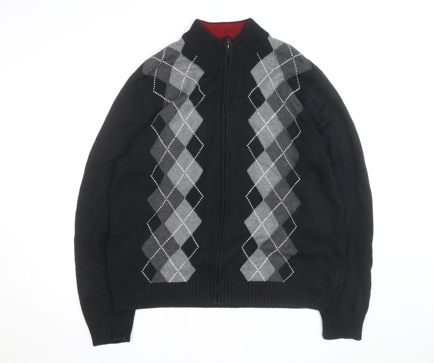 Van Heusen Men's Black Argyle Full Zip Cotton Jumper L