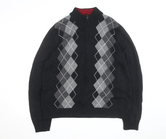 Van Heusen Men's Black Argyle Full Zip Cotton Jumper L