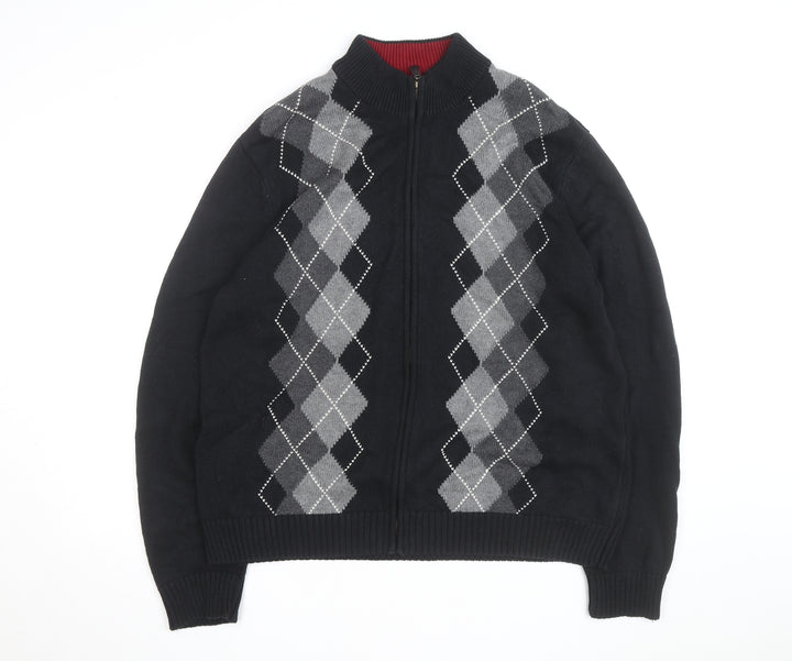 Van Heusen Men's Black Argyle Full Zip Cotton Jumper L