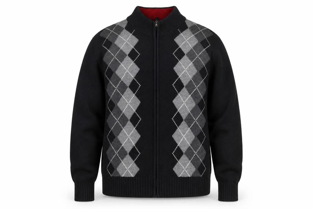 Front view of Van Heusen Men's Black Argyle Full Zip Cotton Jumper L