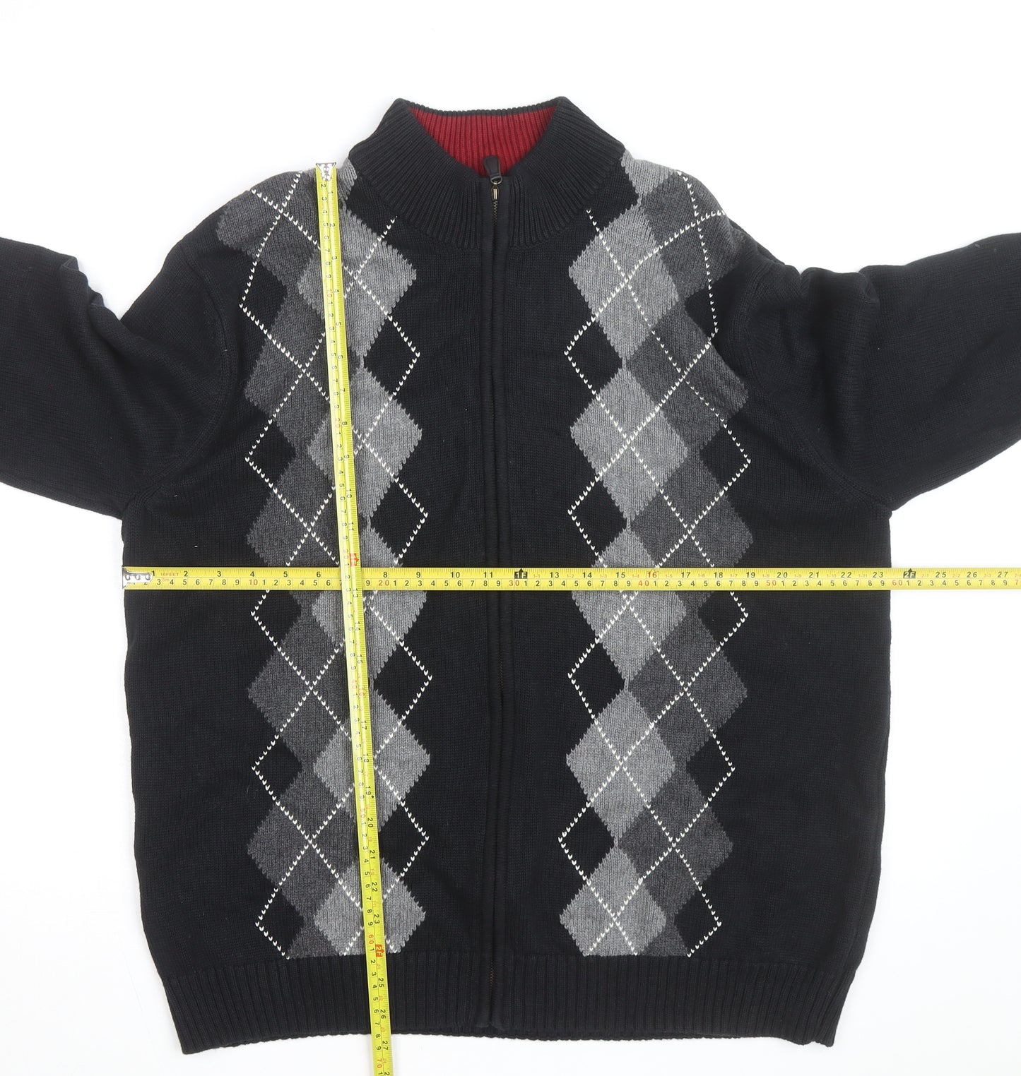 Van Heusen Men's Black Argyle Full Zip Cotton Jumper L