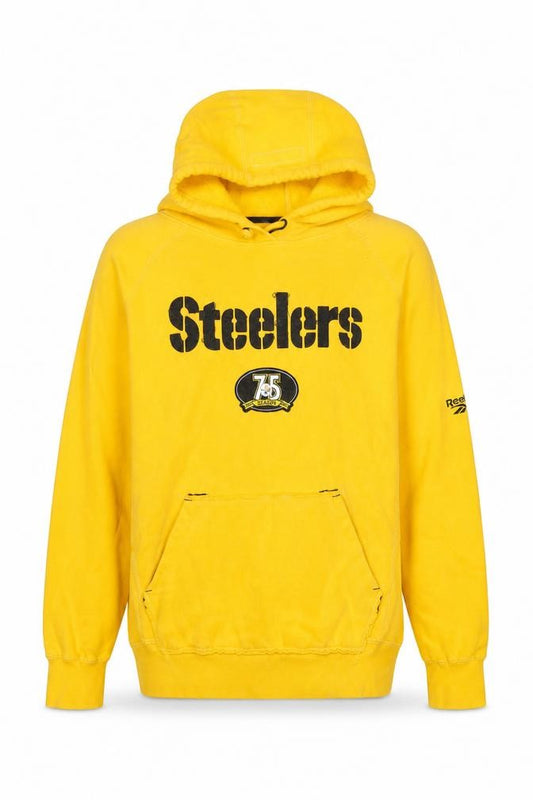 Front view of Reebok NFL Men’s Yellow Steelers Pullover Hoodie, size L, Vintage Sportswear