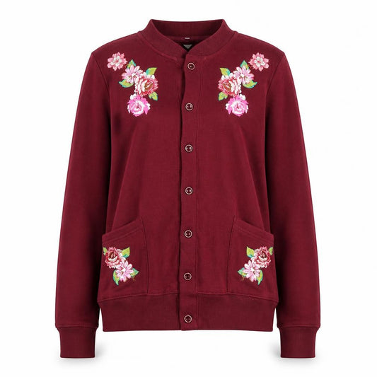 Front view of UNIK Women's Burgundy Embroidered Floral Cardigan M Cotton Blend