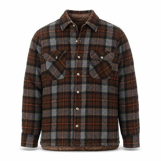 Front view of St. John’s Bay Men Brown Check Wool Quilted Flannel Jacket, size M