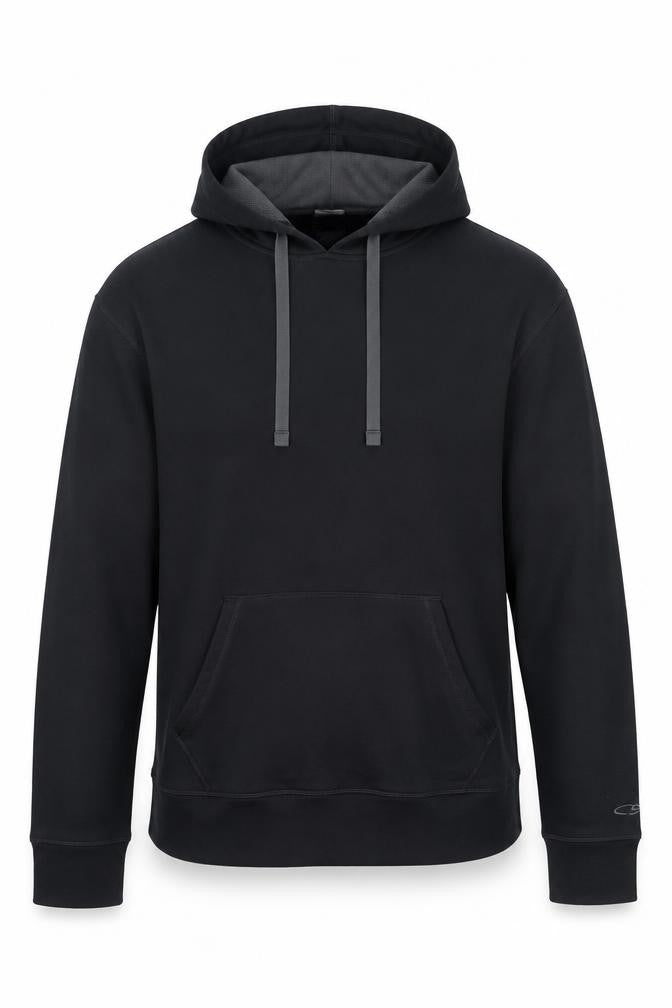 Front view of Champion men’s black pullover hoodie medium regular fit