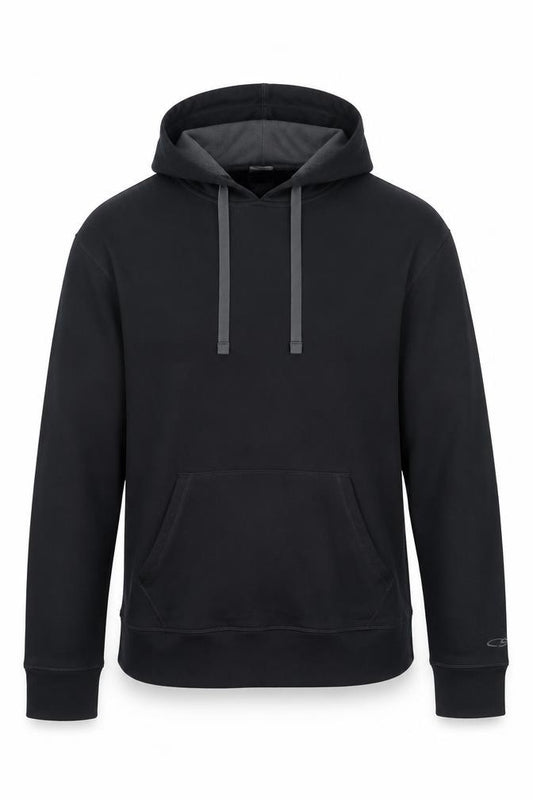 Front view of Champion men’s black pullover hoodie medium regular fit