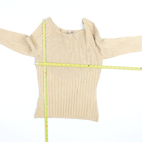 Belldini Women Beige Beaded Boat Neck Ribbed Knit Jumper M
