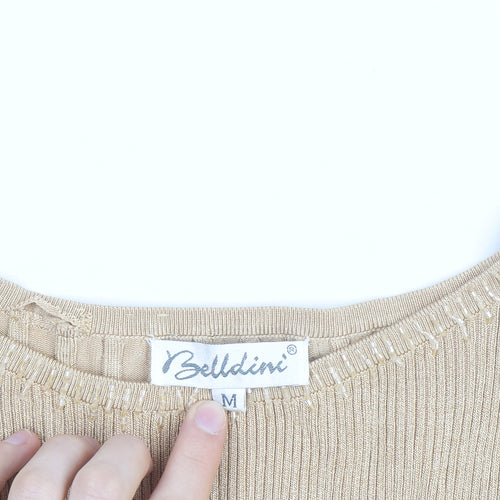 Belldini Women Beige Beaded Boat Neck Ribbed Knit Jumper M